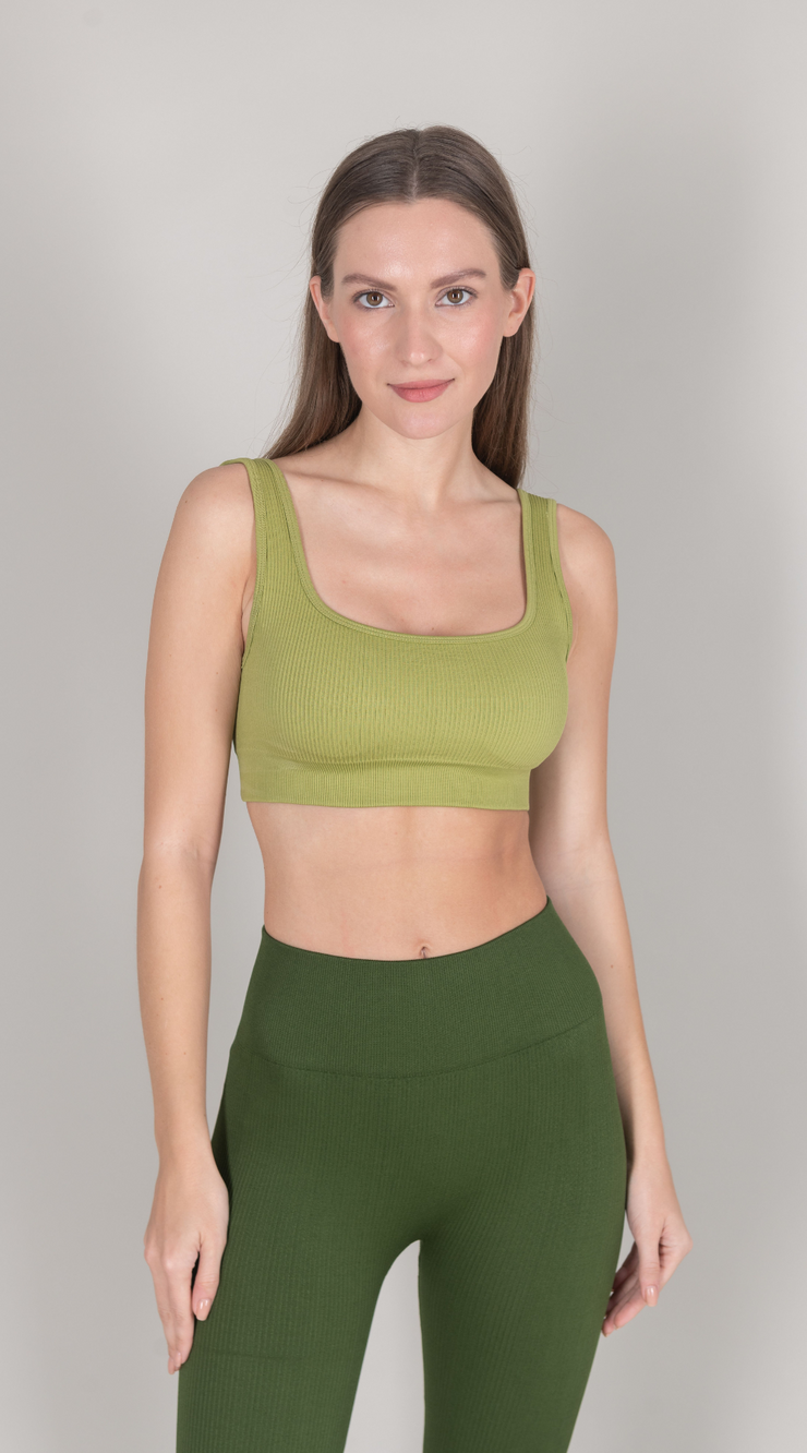 Ribbed V Back Bra -Green Olive